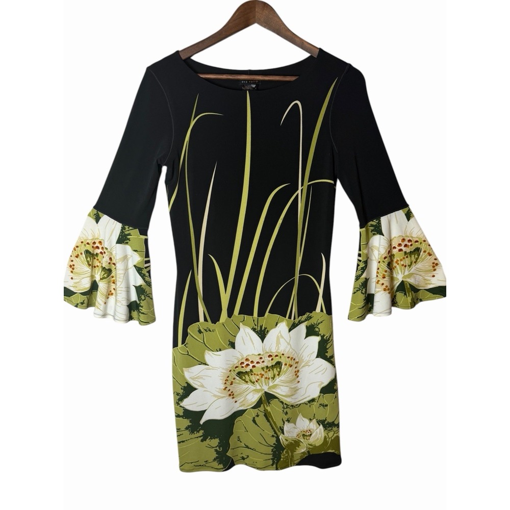 Eva Varro Sheath Dress Black Boho Chic White Lotus Bell Sleeve Size Small